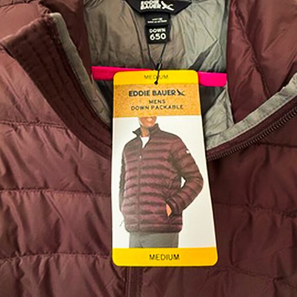 New Eddie Bauer Down Packable Full-Zip Jacket Brown/Fudge Men's Medium NWT - Picture 5 of 7